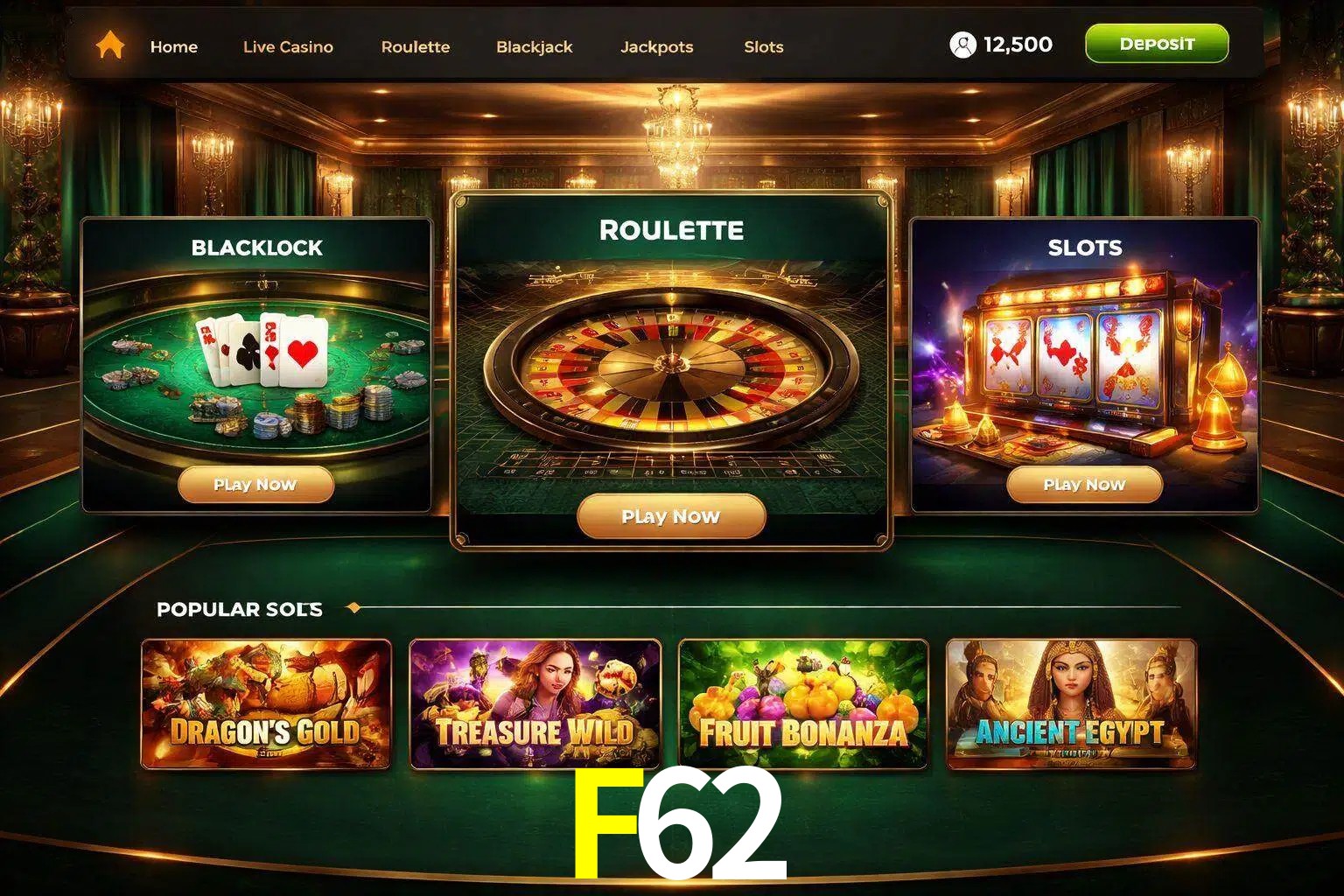 Vista de la plataforma F62 Casino mostrando categorías organizadas de juegos en línea