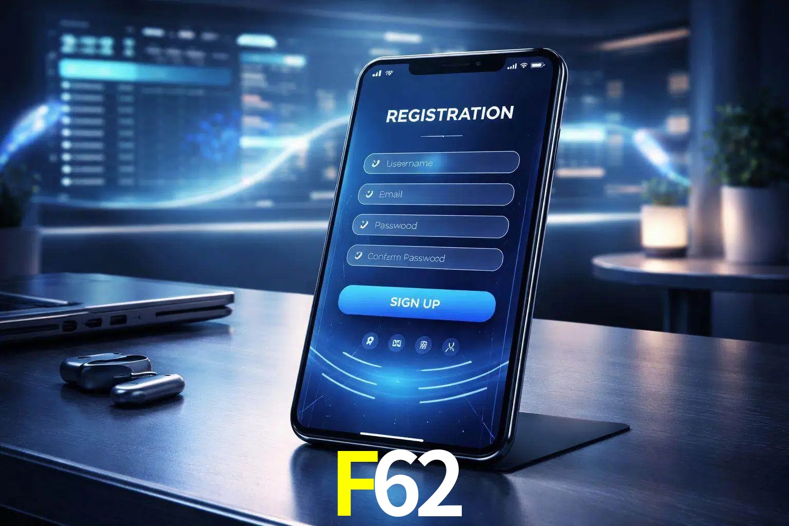 Una interfaz moderna de registro móvil para F62 mostrada en un smartphone con un panel de apuestas elegante.